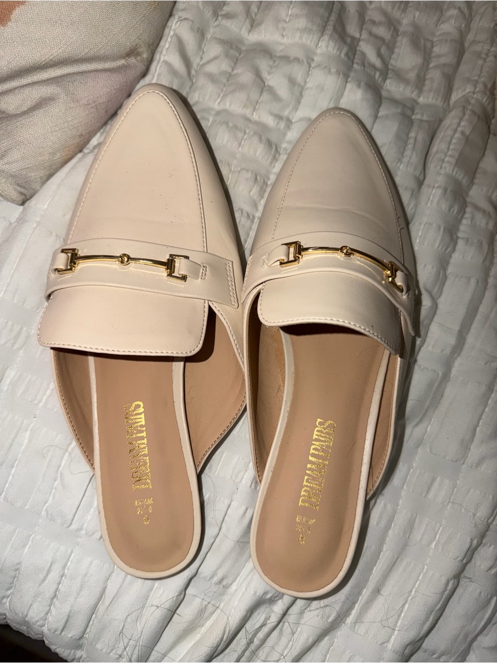 Cream Slip-On Loafers with Gold Accent